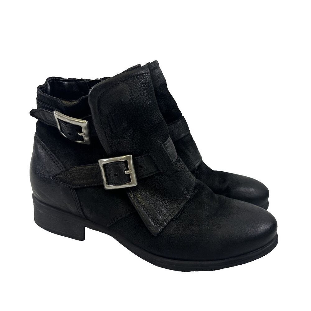 Miz Mooz Sandros Ankle Boot Moto Black Leather Double Buckle Zip Women 38 US 7.5
